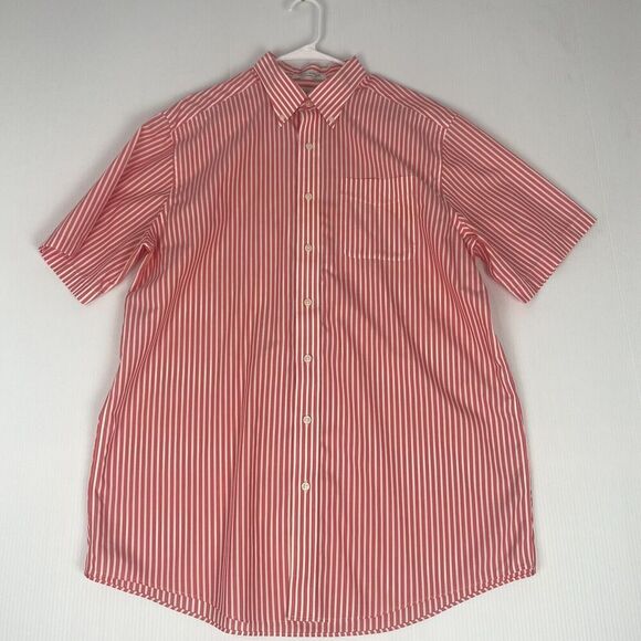LL Bean Button Up Shirt Mens Size L Tall Pink Striped Short Sleeve 100% Cotton - Picture 12 of 13